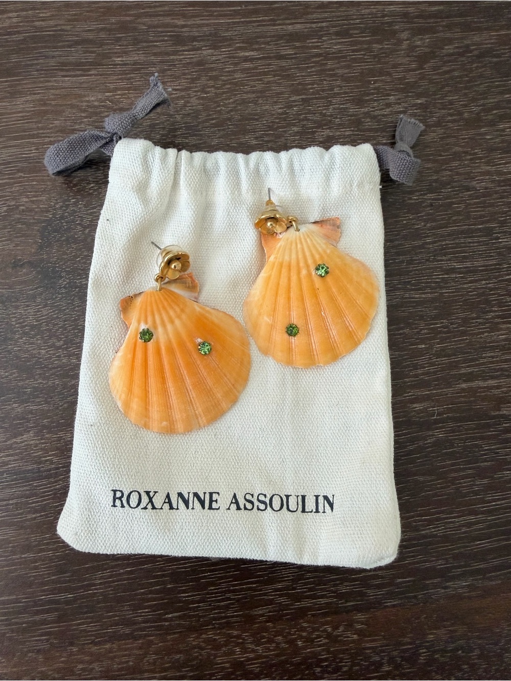 Roxanne Assoulin Orange Shell Earrings with Green Crystal Accents